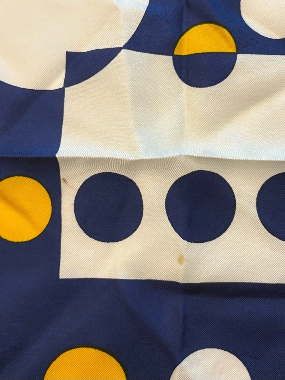 Silk Scarf Hand Rolled Edges 26” Blue Yellow White Geometric Dots STAINS Italy